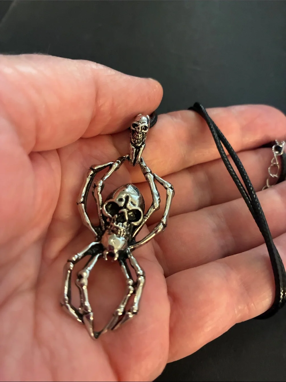 Silver Spider Skeleton Pendant Necklace With A Black Cord